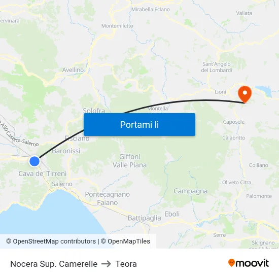 Nocera Sup. Camerelle to Teora map