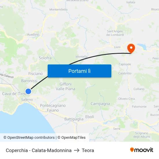 Coperchia - Calata-Madonnina to Teora map
