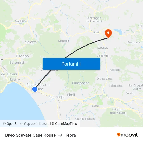 Bivio Scavate Case Rosse to Teora map