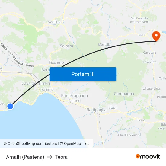 Amalfi (Pastena) to Teora map