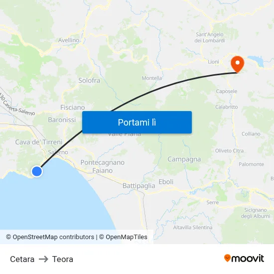 Cetara to Teora map