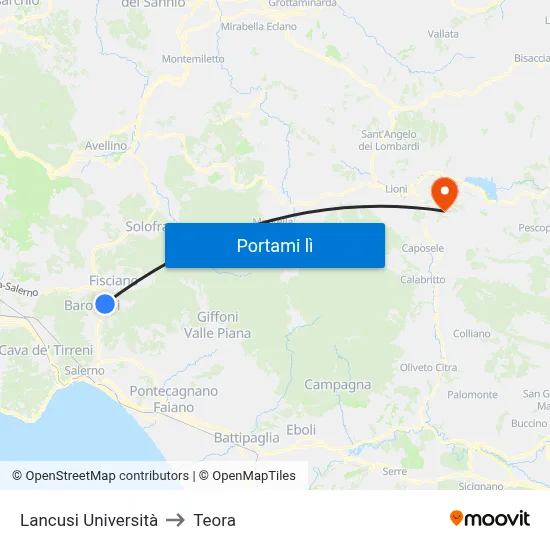 Lancusi Università to Teora map