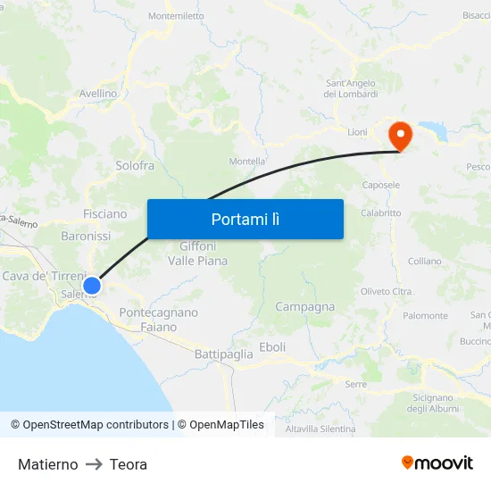 Matierno to Teora map