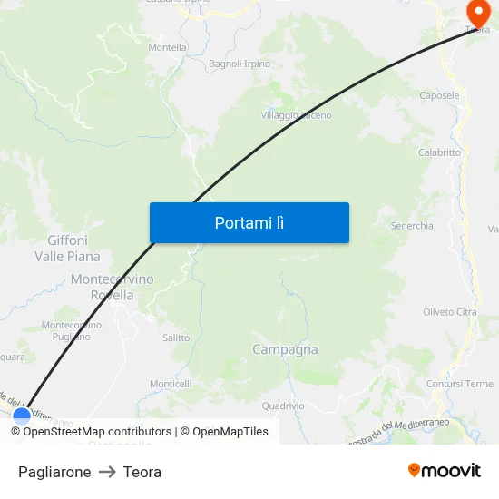 Pagliarone to Teora map