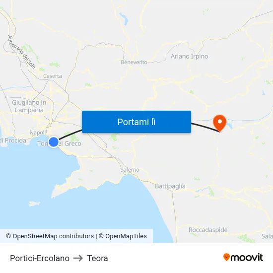 Portici-Ercolano to Teora map