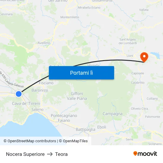 Nocera Superiore to Teora map