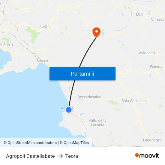 Agropoli-Castellabate to Teora map