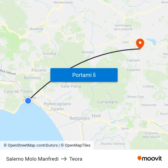 Salerno Molo Manfredi to Teora map