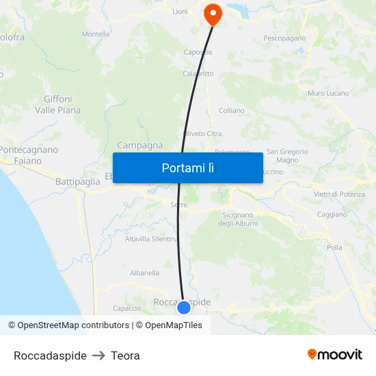 Roccadaspide to Teora map