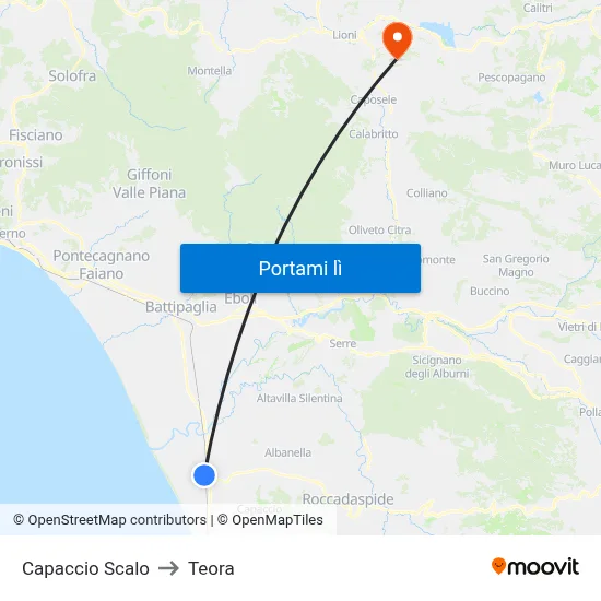 Capaccio Scalo to Teora map
