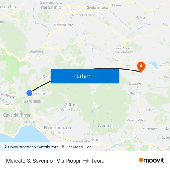 Mercato S. Severino - Via Pioppi to Teora map