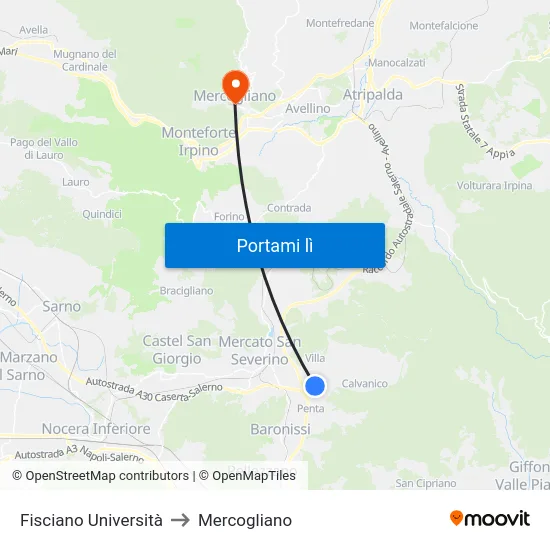 Fisciano Università to Mercogliano map