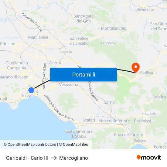 Garibaldi - Carlo III to Mercogliano map