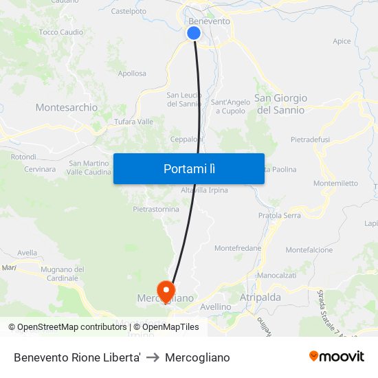 Benevento Rione Liberta' to Mercogliano map