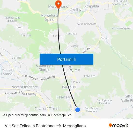 Via San Felice In Pastorano to Mercogliano map
