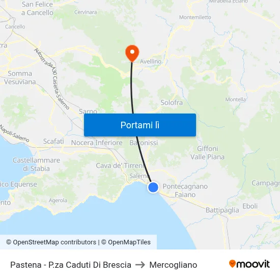 Pastena - P.za Caduti Di Brescia to Mercogliano map