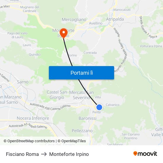 Fisciano Roma to Monteforte Irpino map