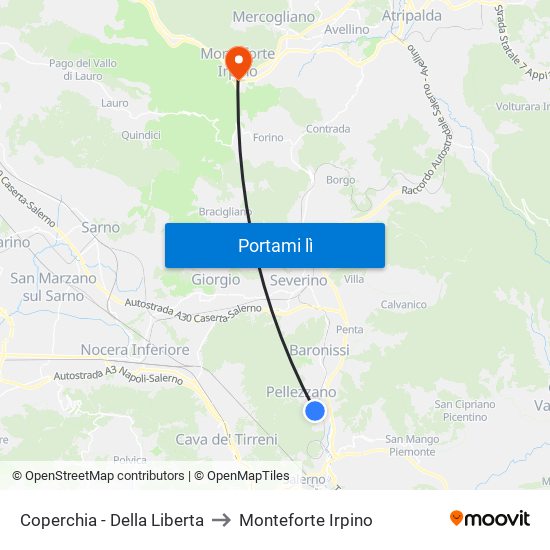 Coperchia - Della Liberta to Monteforte Irpino map