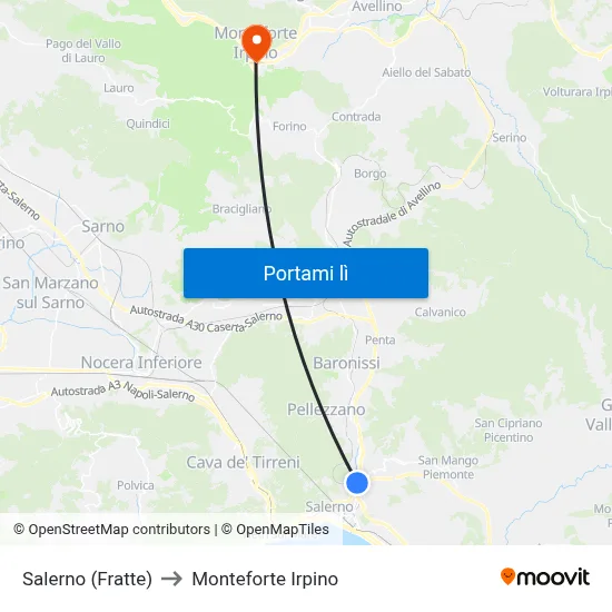 Salerno (Fratte) to Monteforte Irpino map