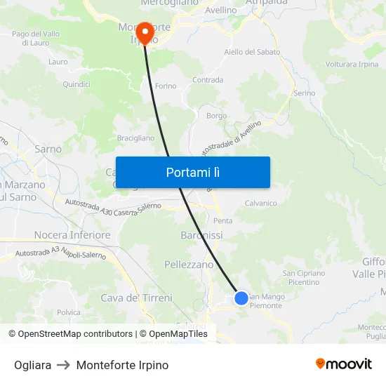 Ogliara to Monteforte Irpino map