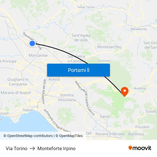 Via Torino to Monteforte Irpino map