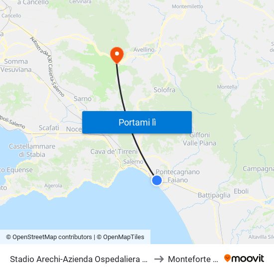 Stadio Arechi-Azienda Ospedaliera Universitaria to Monteforte Irpino map