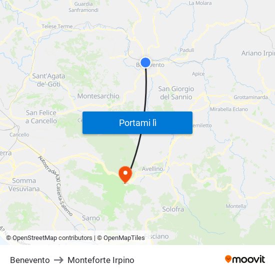 Benevento to Monteforte Irpino map