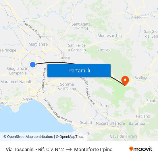 Via Toscanini - Rif. Civ. N° 2 to Monteforte Irpino map