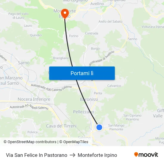 Via San Felice In Pastorano to Monteforte Irpino map