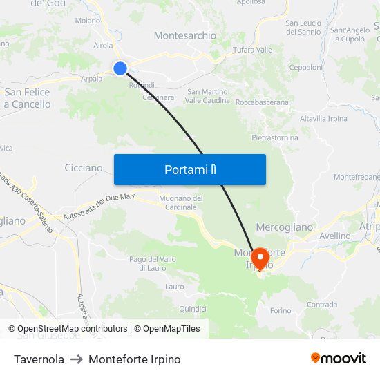 Tavernola to Monteforte Irpino map