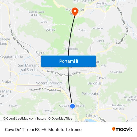 Cava De' Tirreni FS to Monteforte Irpino map