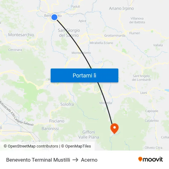 Benevento Terminal Mustilli to Acerno map