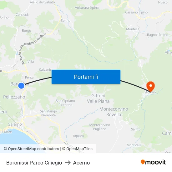Baronissi Parco Ciliegio to Acerno map