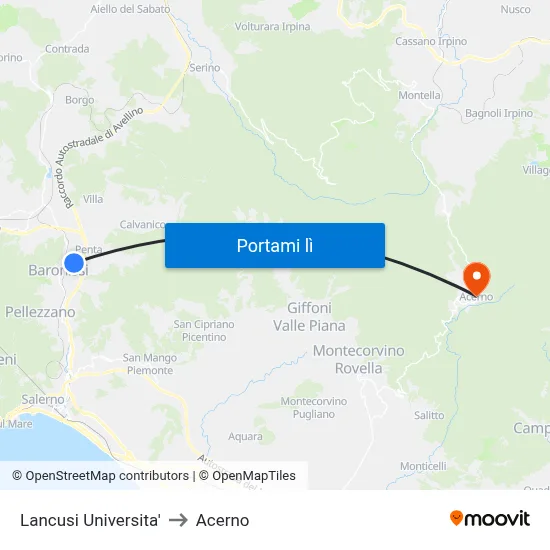 Lancusi Universita' to Acerno map