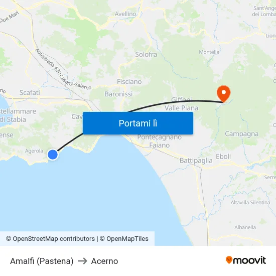 Amalfi (Pastena) to Acerno map