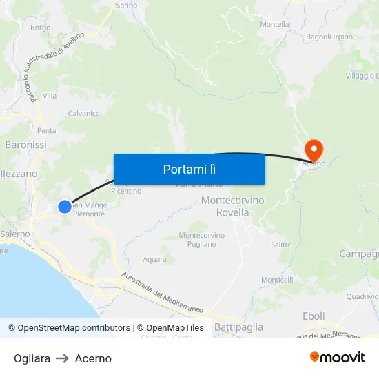 Ogliara to Acerno map
