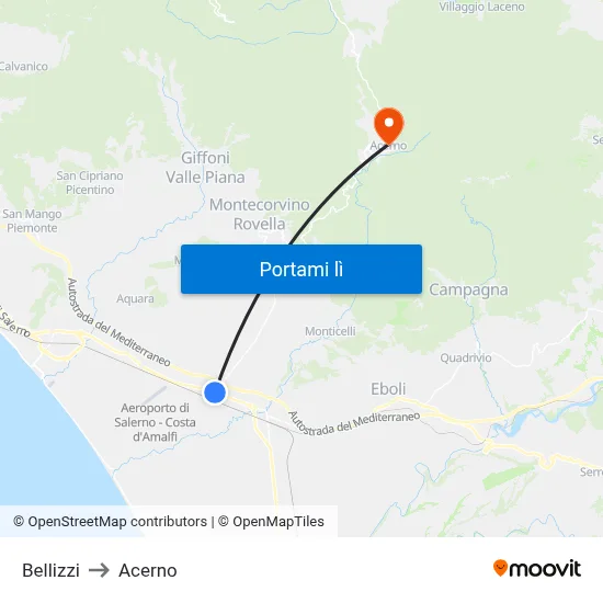 Bellizzi to Acerno map