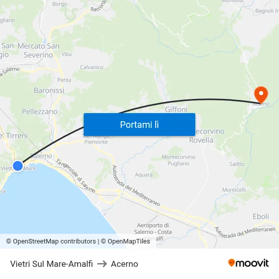 Vietri Sul Mare-Amalfi to Acerno map