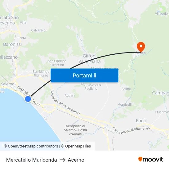 Mercatello-Mariconda to Acerno map