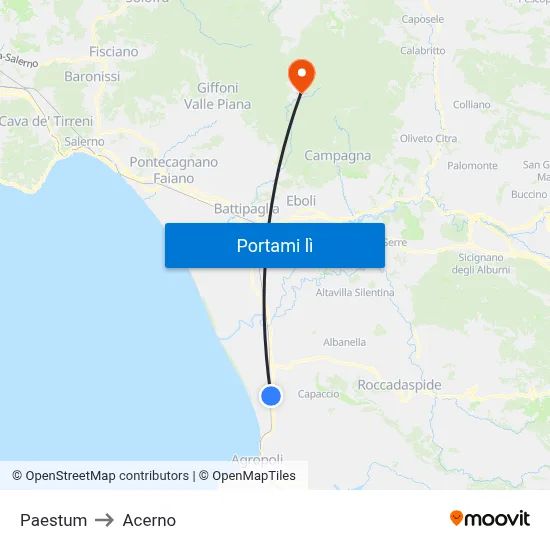 Paestum to Acerno map