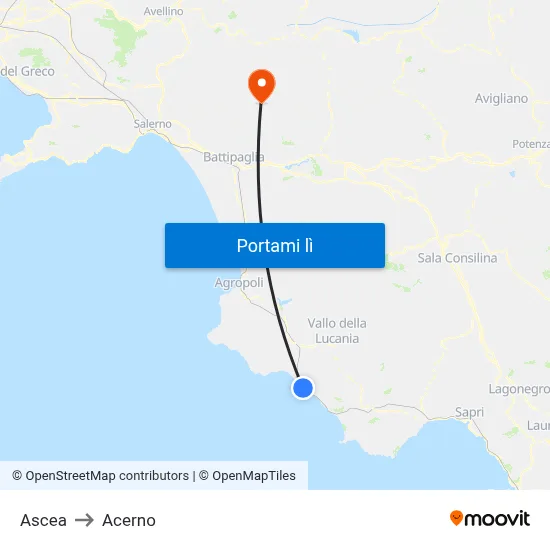 Ascea to Acerno map