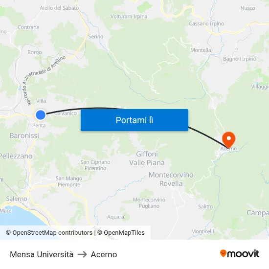 Mensa Università to Acerno map