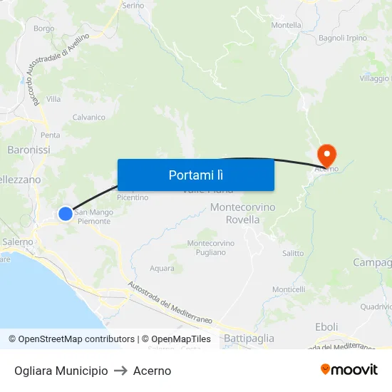 Ogliara Municipio to Acerno map