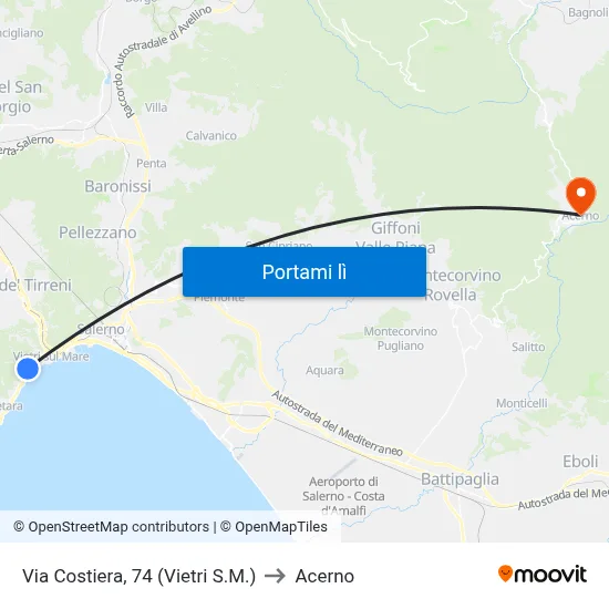 Via Costiera, 74 (Vietri S.M.) to Acerno map