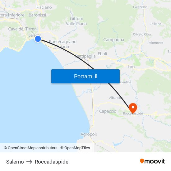 Salerno to Roccadaspide map