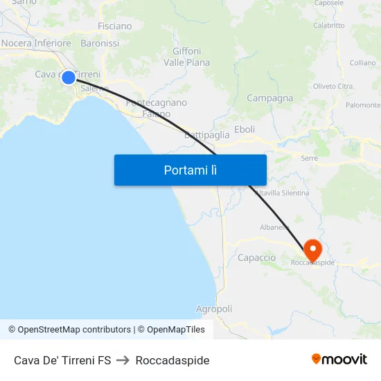 Cava De' Tirreni FS to Roccadaspide map