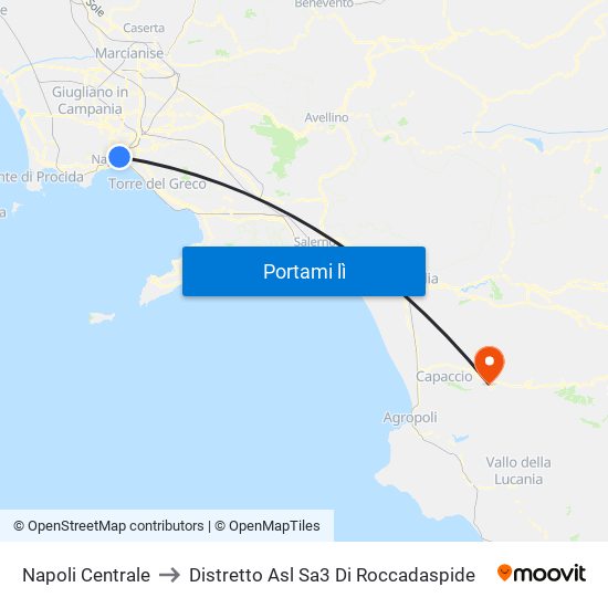 Napoli Centrale to Distretto Asl Sa3 Di Roccadaspide map