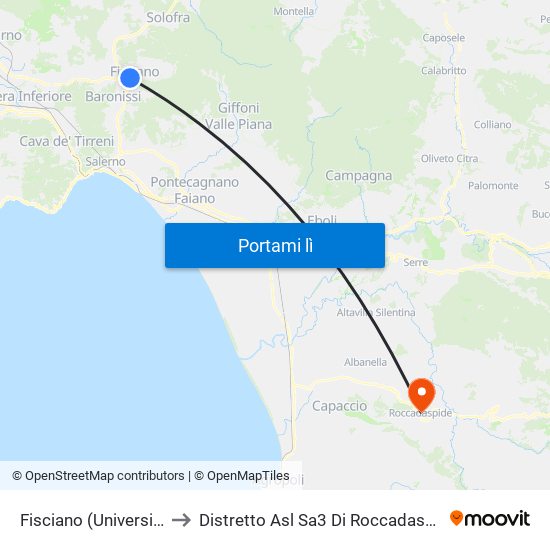 Fisciano (Università) to Distretto Asl Sa3 Di Roccadaspide map