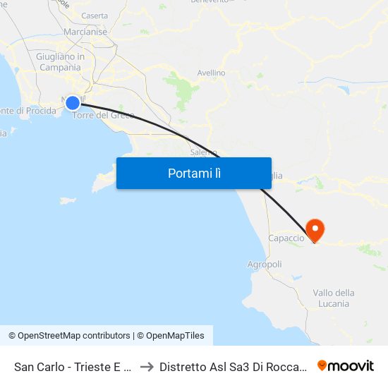 San Carlo - Trieste E Trento to Distretto Asl Sa3 Di Roccadaspide map