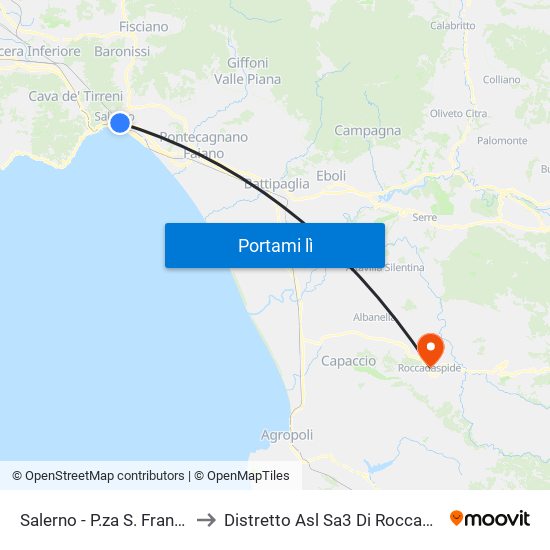 Salerno - P.za S. Francesco to Distretto Asl Sa3 Di Roccadaspide map